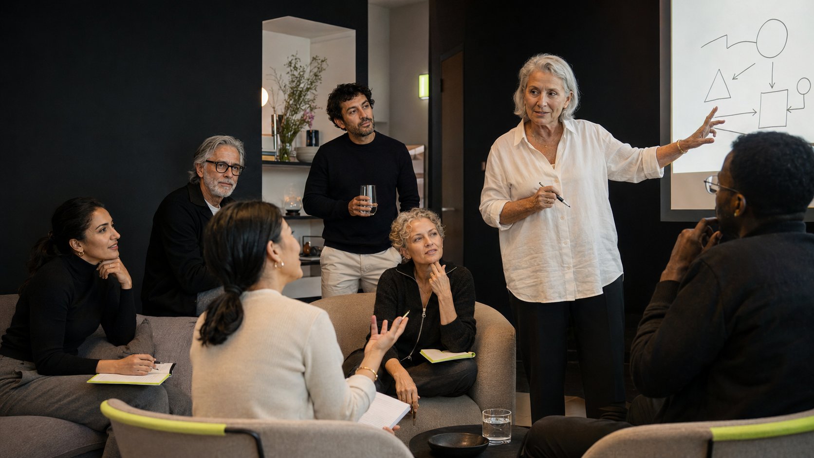 A member presenting a framework to a small group